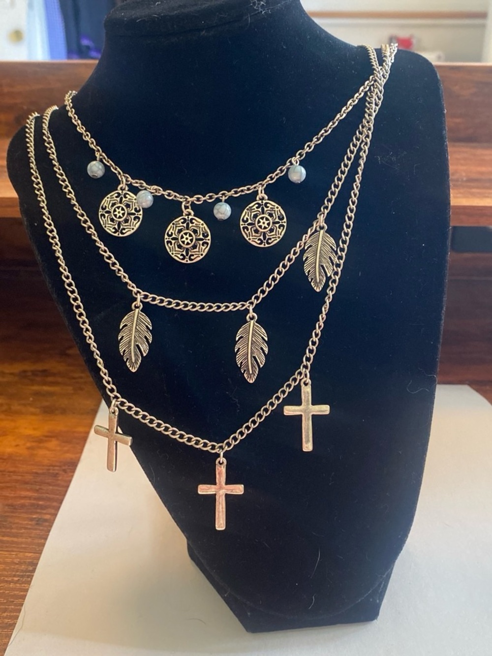 Silver tone Layered Cross & Feather Charm Necklace - Women Jewelry
